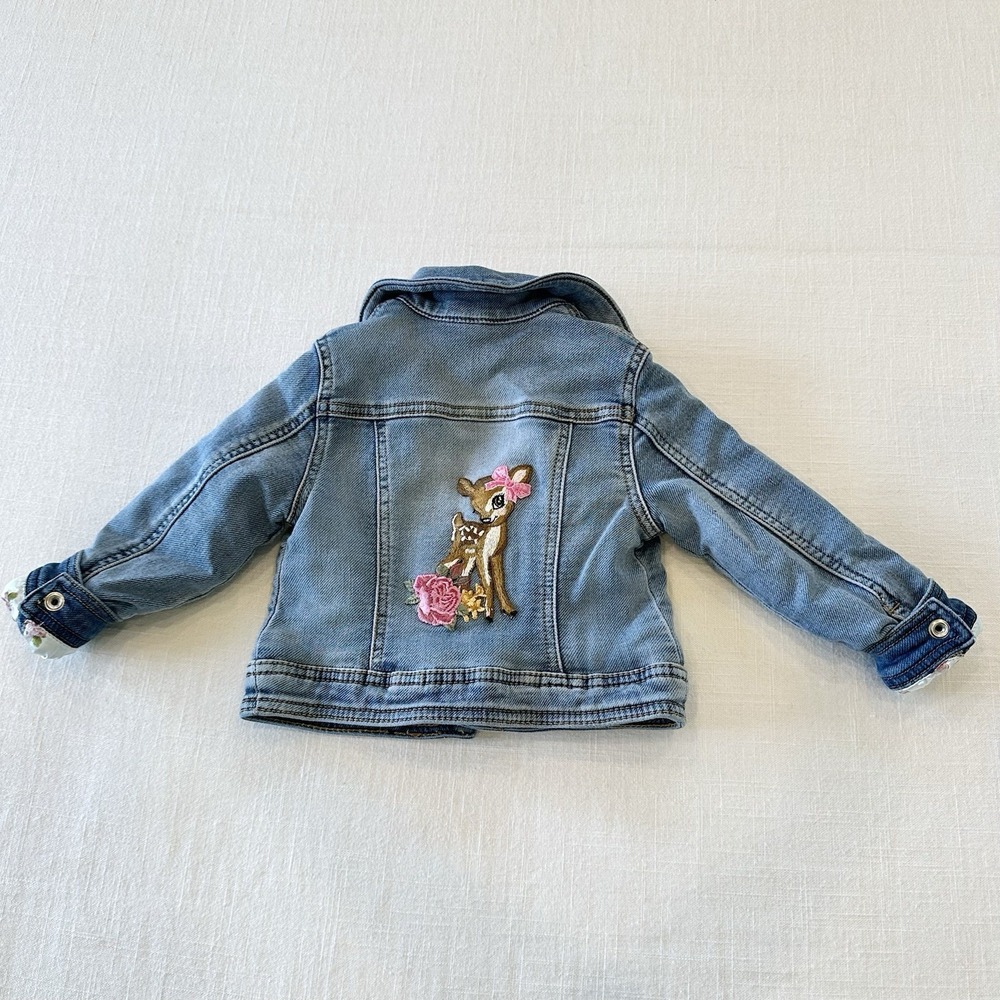Monnalisa 24M Baby Toddler Lined Jean Jacket Embroidered Fawn Deer Squirrel